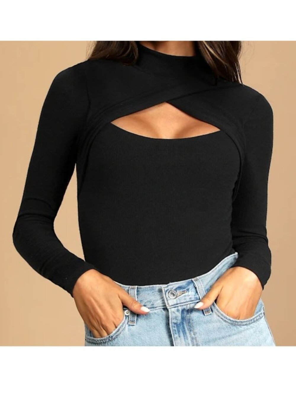 Women's Medium Lulus Totally Elevated Black Ribbed Cutout Long Sleeve Bodysuit